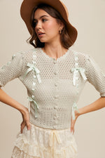 Mint Puff Sleeve Cardigan with Satin Bows