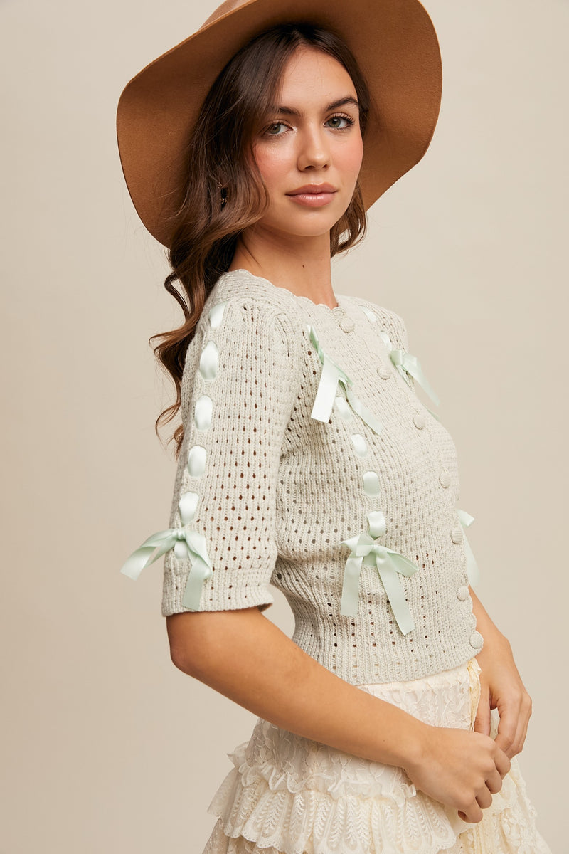 Mint Puff Sleeve Cardigan with Satin Bows