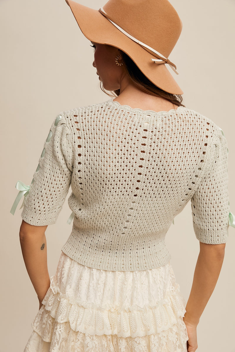 Mint Puff Sleeve Cardigan with Satin Bows
