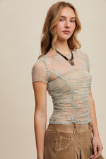 Sage Ruched Short Sleeve Mesh Top