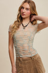 Sage Ruched Short Sleeve Mesh Top
