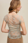 Sage Ruched Short Sleeve Mesh Top