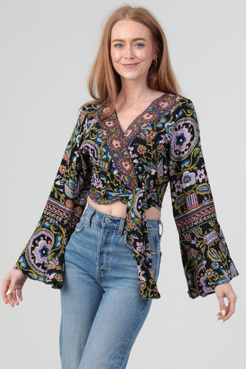 Wrap Top in Black and Lavender with Bell Sleeves by Angie