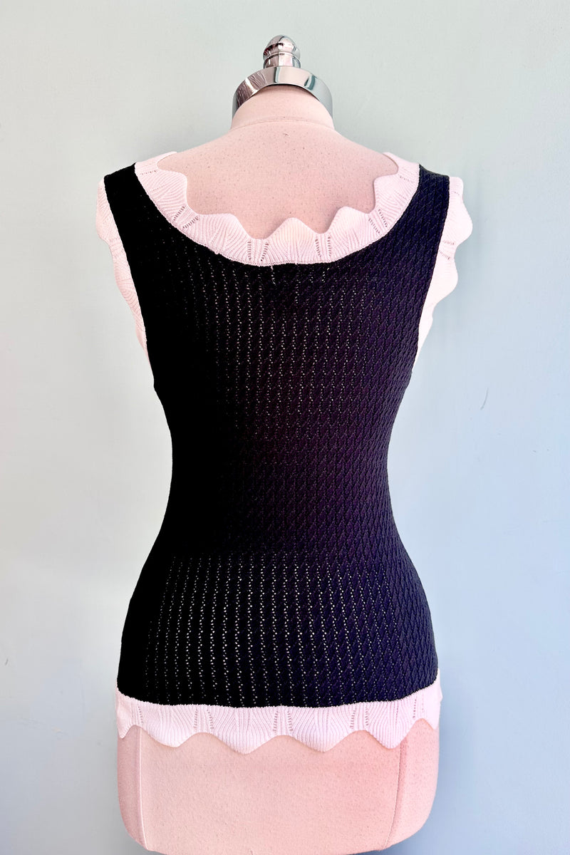Black and White Scalloped Pointelle Knit Tank Top