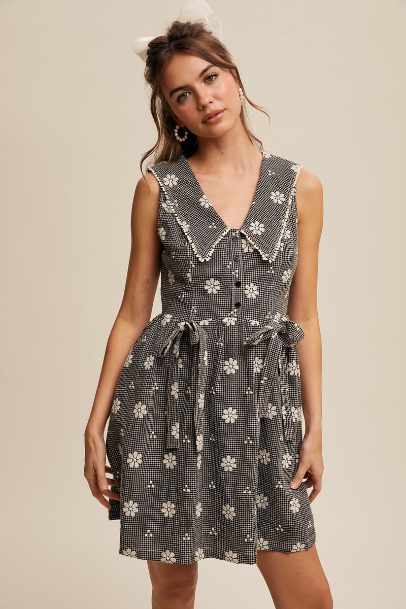 Black and White Gingham and Floral Mini Dress