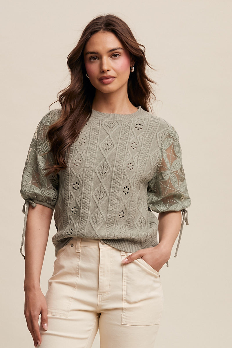 Sage Eyelet and Embroidered Sweater
