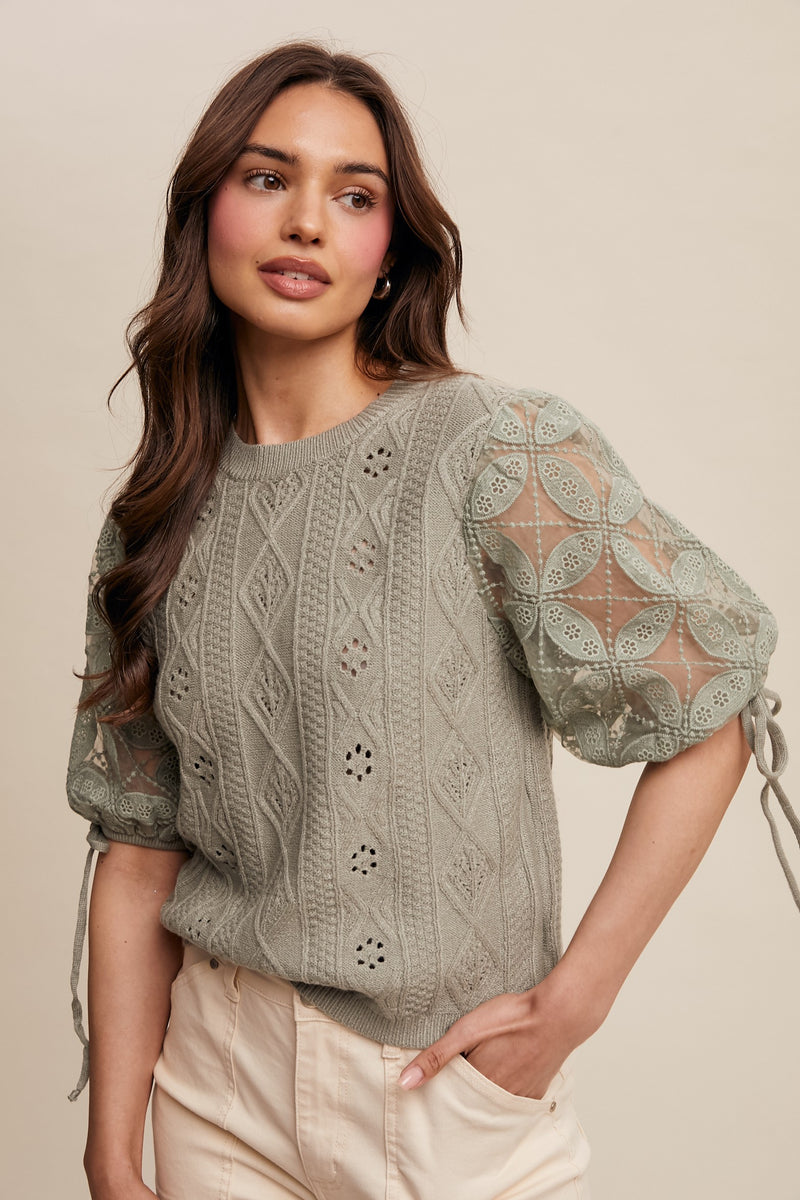 Sage Eyelet and Embroidered Sweater