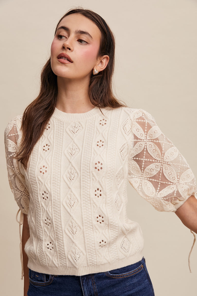 Ivory Eyelet and Embroidered Sweater