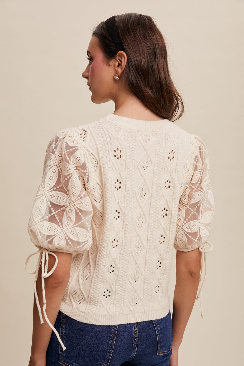 Ivory Eyelet and Embroidered Sweater