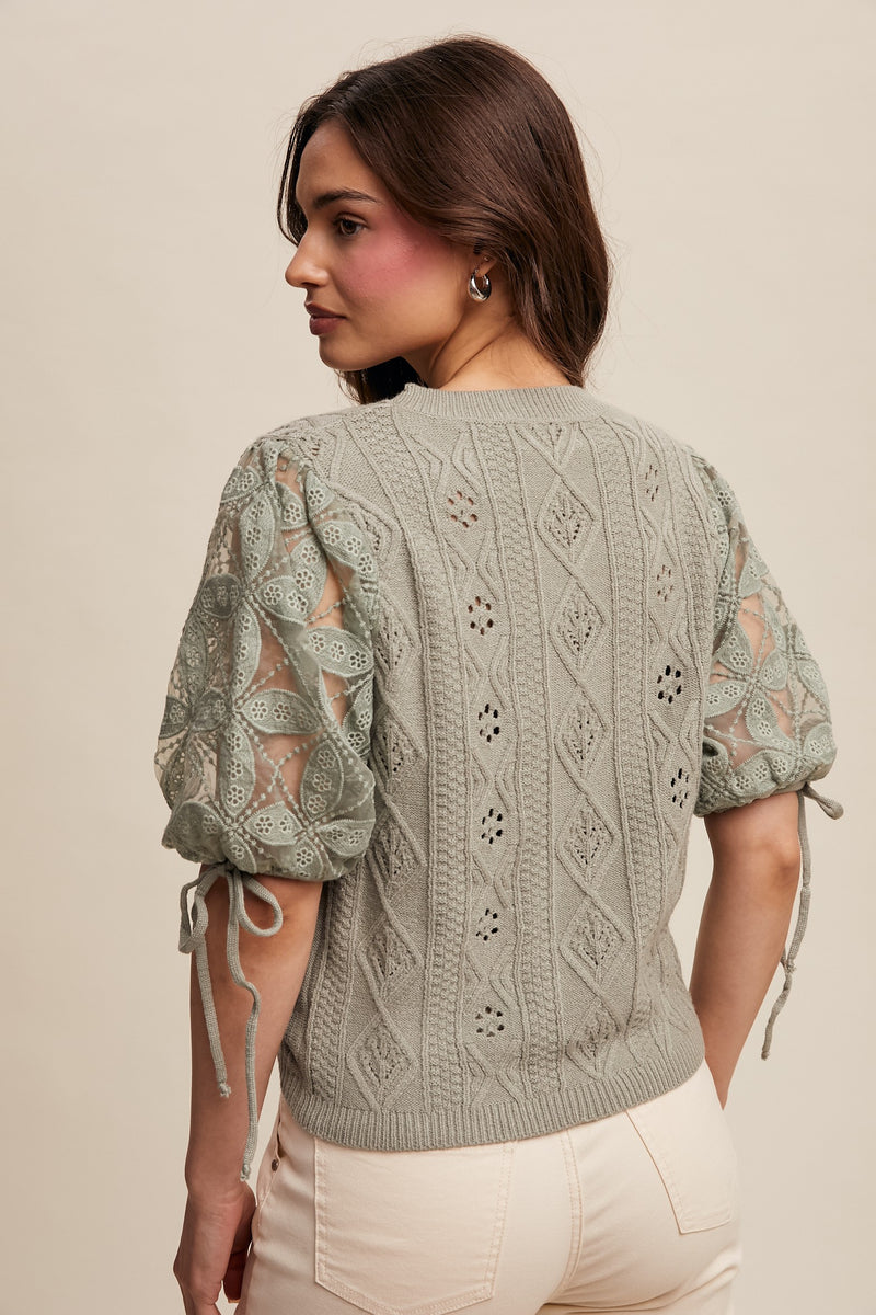 Sage Eyelet and Embroidered Sweater