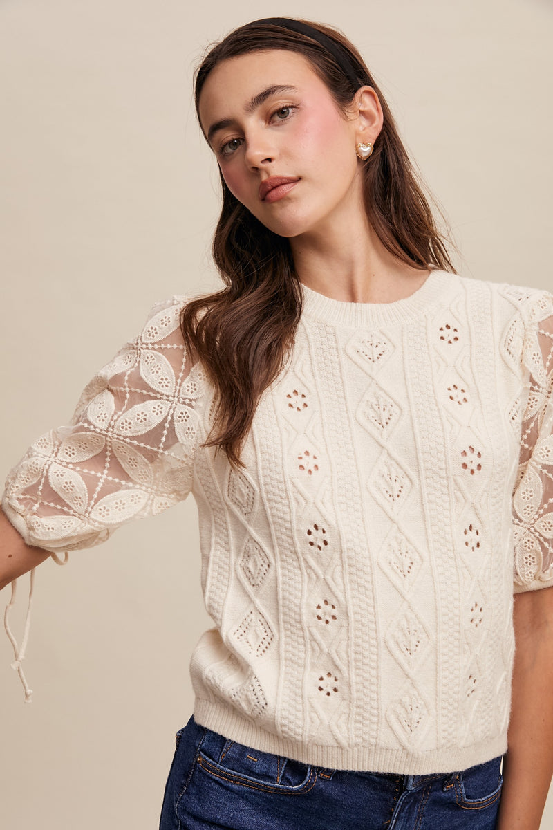 Ivory Eyelet and Embroidered Sweater