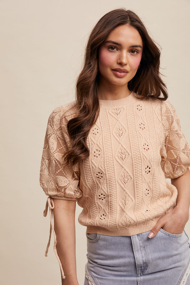 Oatmeal Eyelet and Embroidered Sweater