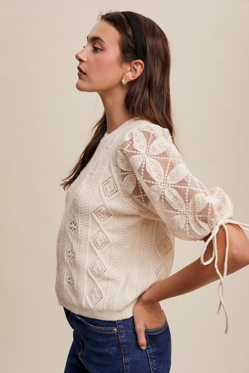 Ivory Eyelet and Embroidered Sweater