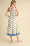 Tie Shoulder Blue Rosette Midi Dress