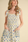 Tie Shoulder Blue Rosette Midi Dress