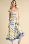 Tie Shoulder Blue Rosette Midi Dress