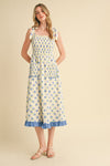 Tie Shoulder Blue Rosette Midi Dress