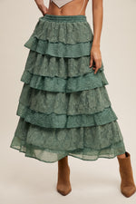 Eucalyptus Tiered Lace and Rose Jacquard Mesh Midi Skirt