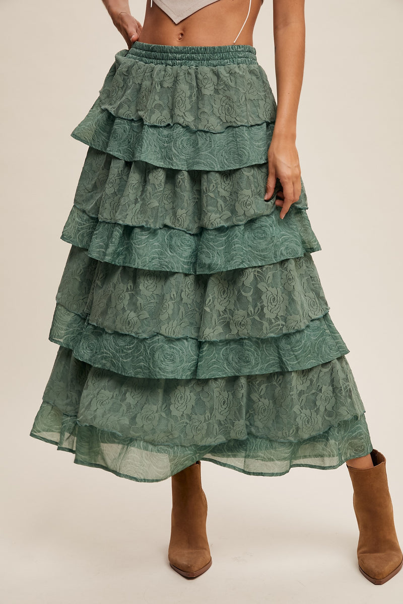 Eucalyptus Tiered Lace and Rose Jacquard Mesh Midi Skirt