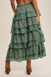 Eucalyptus Tiered Lace and Rose Jacquard Mesh Midi Skirt