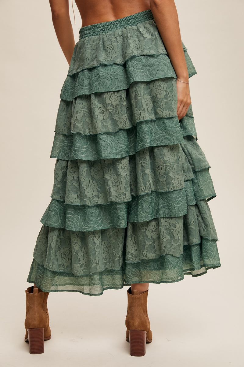 Eucalyptus Tiered Lace and Rose Jacquard Mesh Midi Skirt