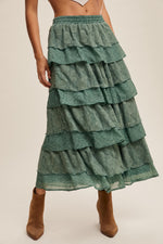 Eucalyptus Tiered Lace and Rose Jacquard Mesh Midi Skirt