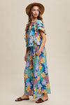 Blue Floral Printed Two Piece Set Top and Pants