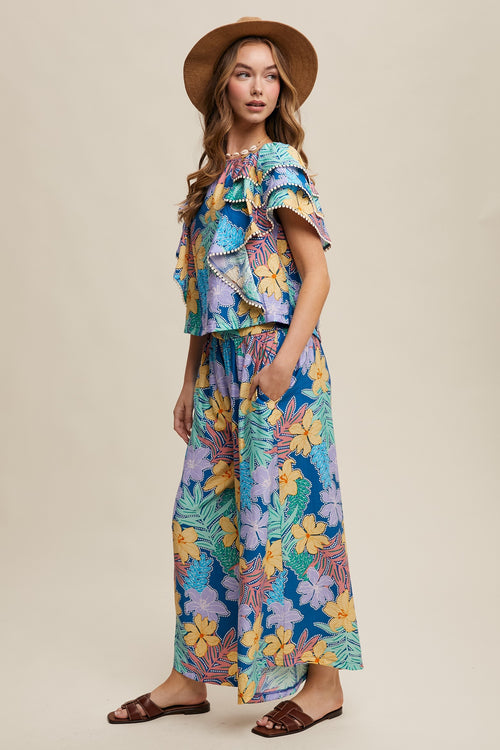 Blue Floral Printed Two Piece Set Top and Pants