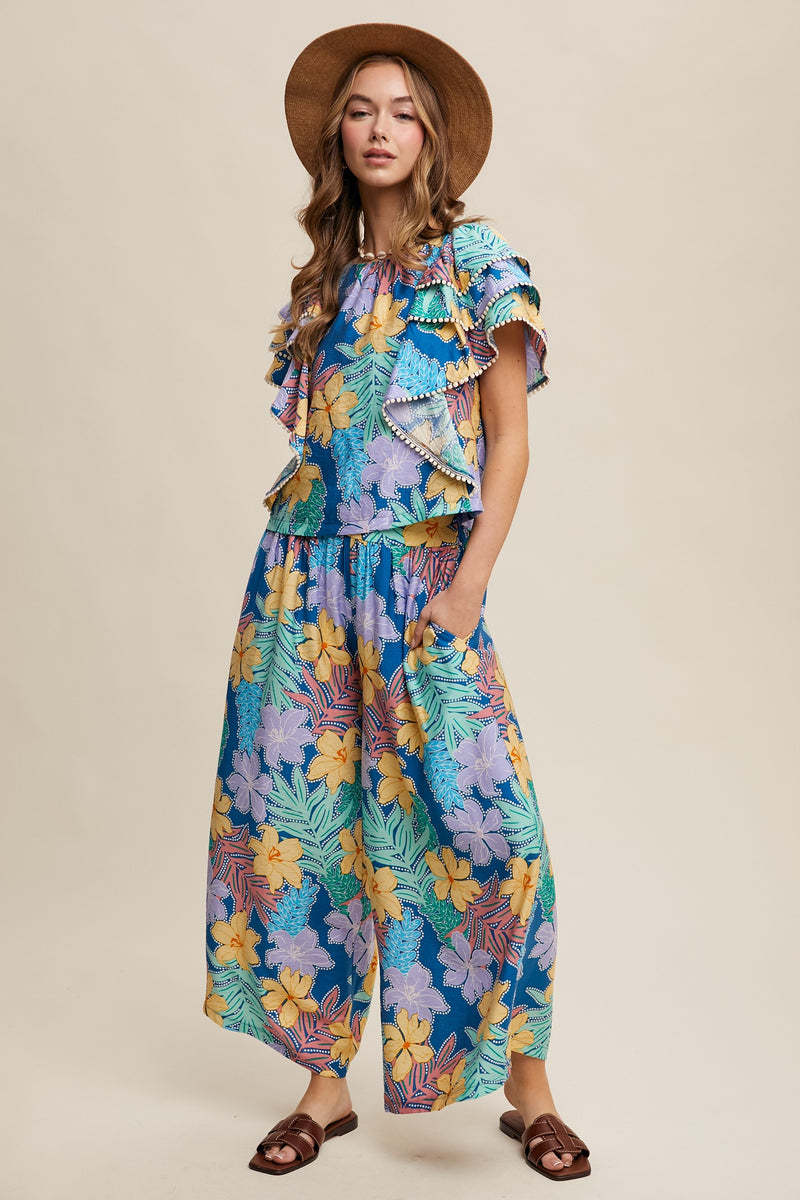 Blue Floral Printed Two Piece Set Top and Pants