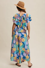 Blue Floral Printed Two Piece Set Top and Pants
