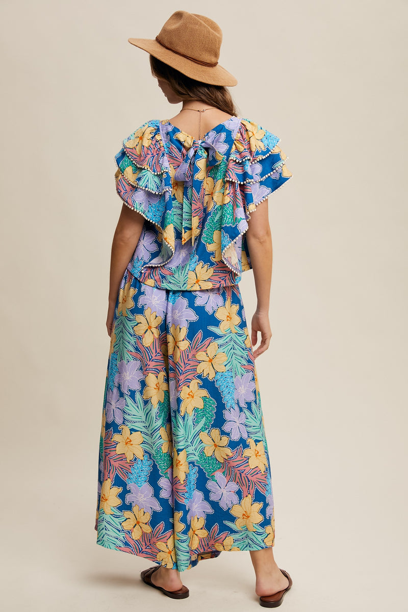 Blue Floral Printed Two Piece Set Top and Pants