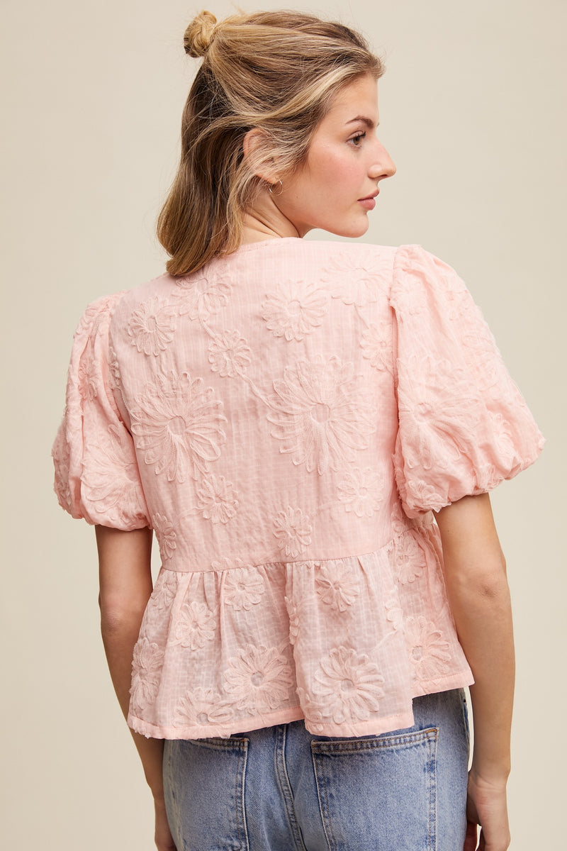 Bow Tie Floral Puff Sleeve Top in Pink