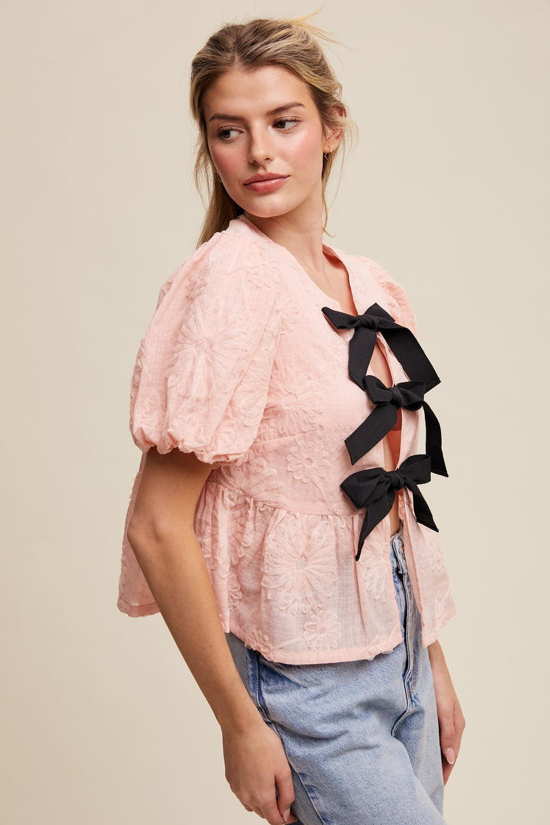 Bow Tie Floral Puff Sleeve Top in Pink