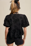 Bow Tie Floral Puff Sleeve Top in Black