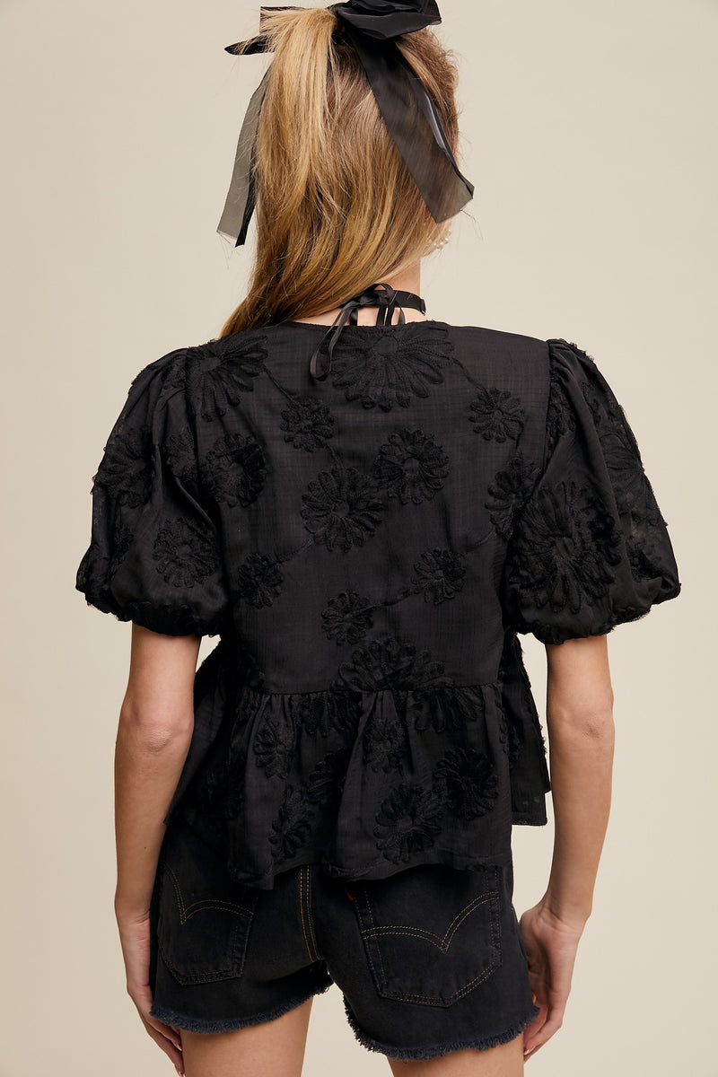 Bow Tie Floral Puff Sleeve Top in Black