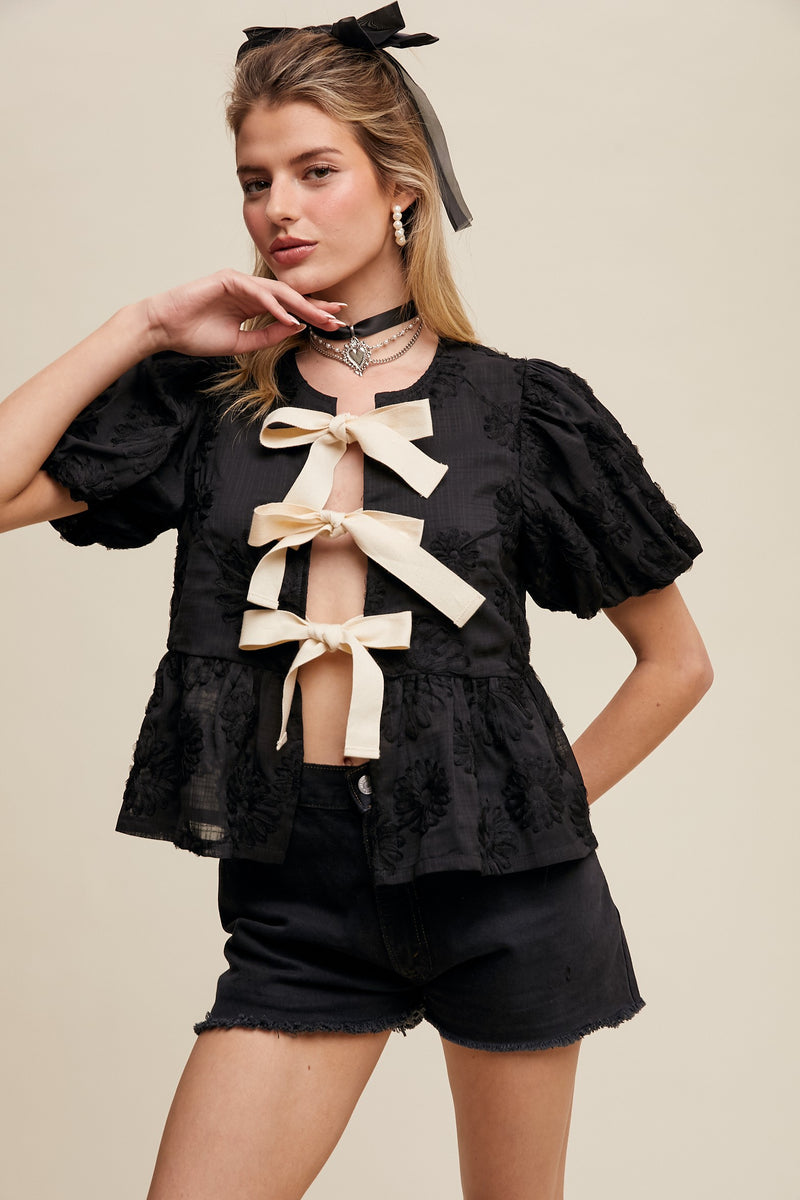 Bow Tie Floral Puff Sleeve Top in Black