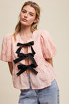 Bow Tie Floral Puff Sleeve Top in Pink