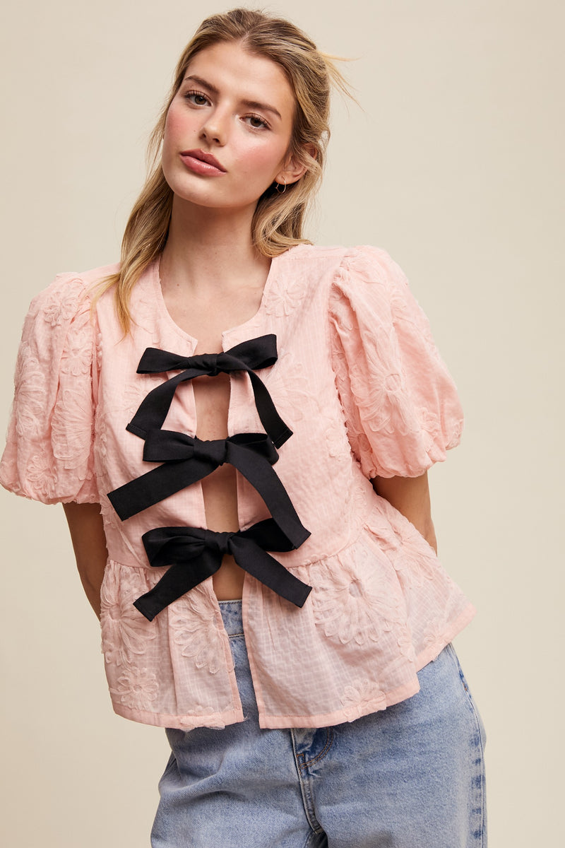 Bow Tie Floral Puff Sleeve Top in Pink