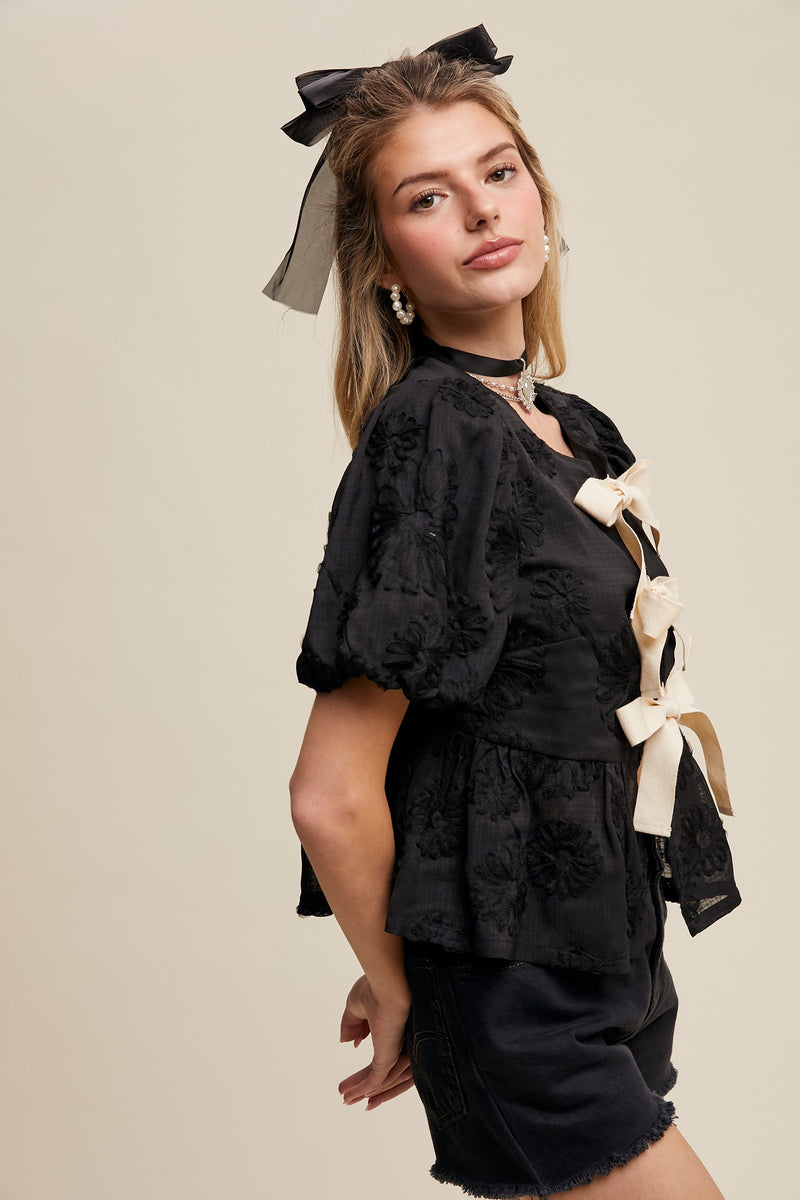 Bow Tie Floral Puff Sleeve Top in Black