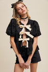 Bow Tie Floral Puff Sleeve Top in Black