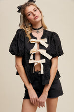 Bow Tie Floral Puff Sleeve Top in Black