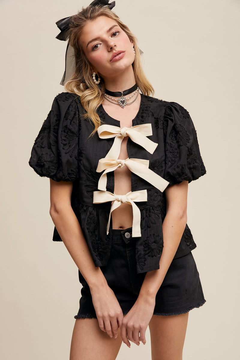 Bow Tie Floral Puff Sleeve Top in Black