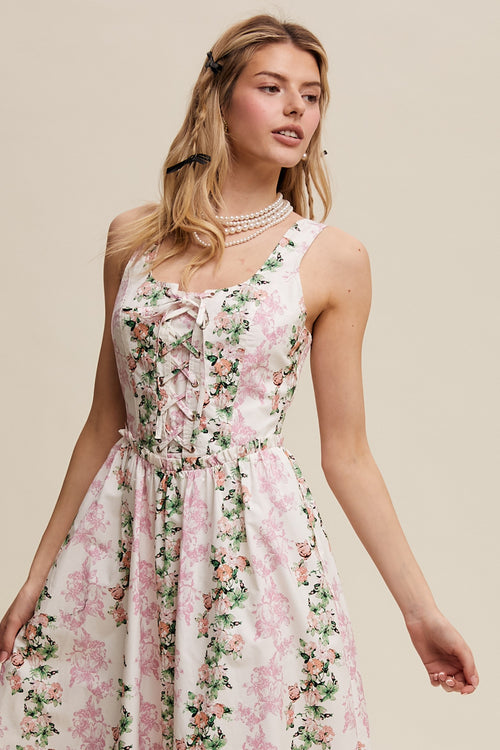 Corset Lace-Up Pink Floral Tank Maxi Dress