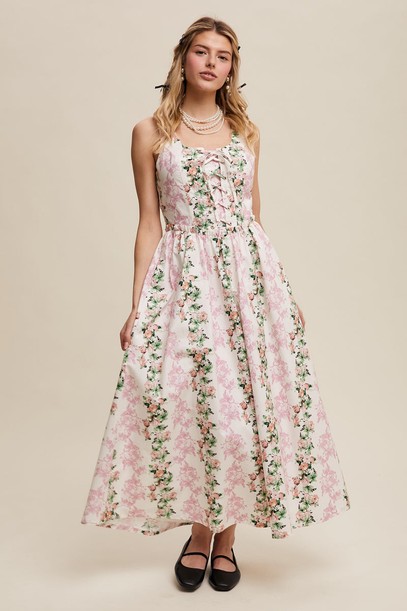 Corset Lace-Up Pink Floral Tank Maxi Dress