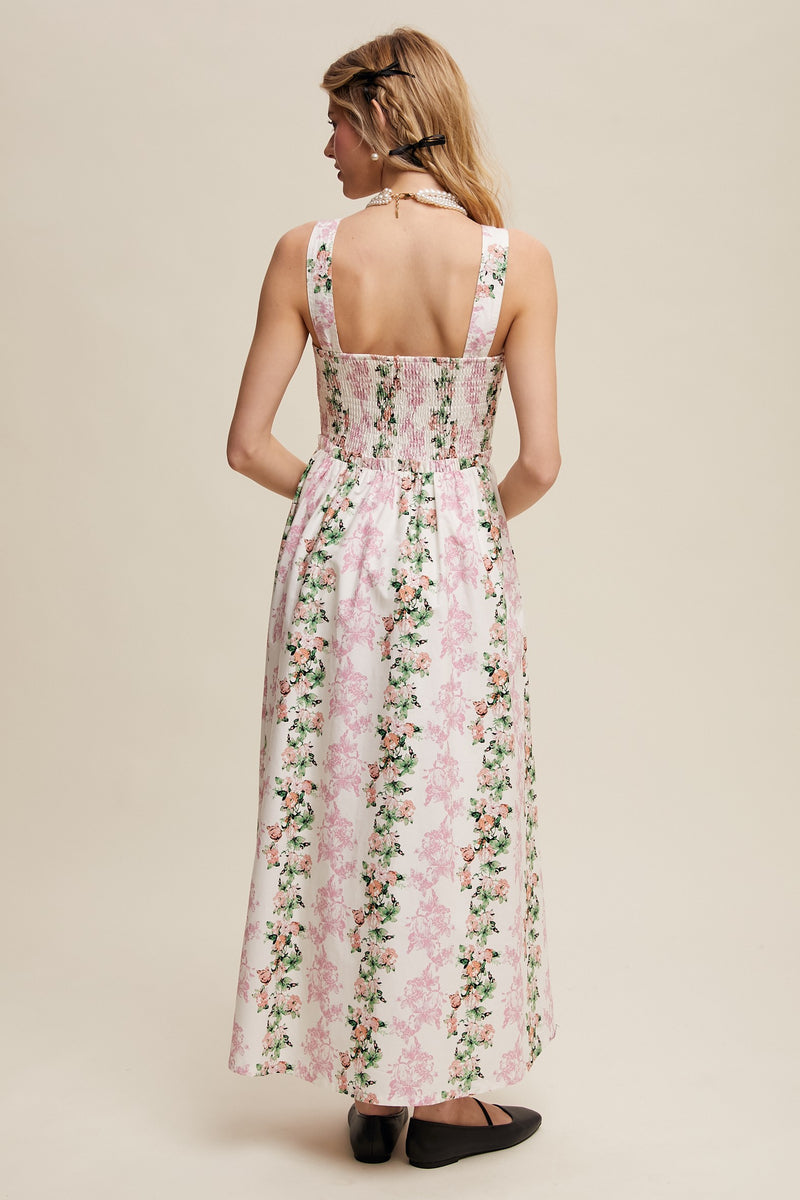 Corset Lace-Up Pink Floral Tank Maxi Dress
