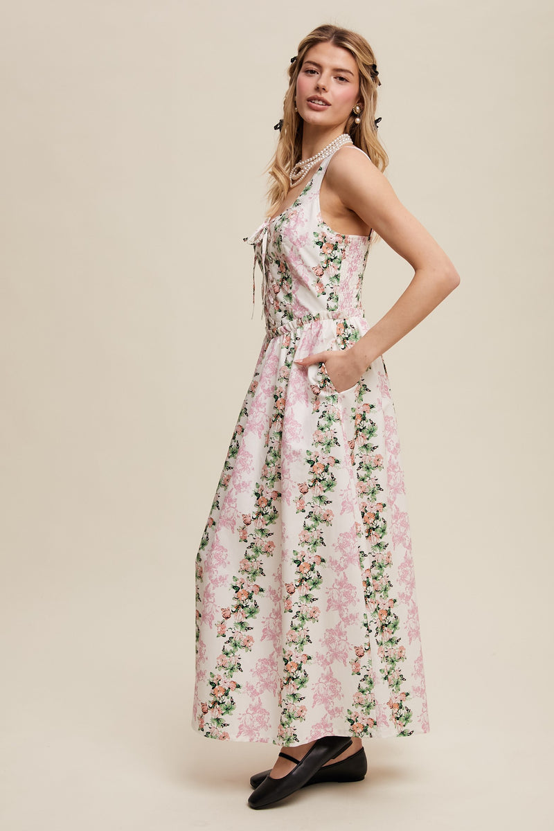 Corset Lace-Up Pink Floral Tank Maxi Dress
