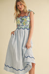 Blue Mixed Print Scalloped Trim Midi Dress