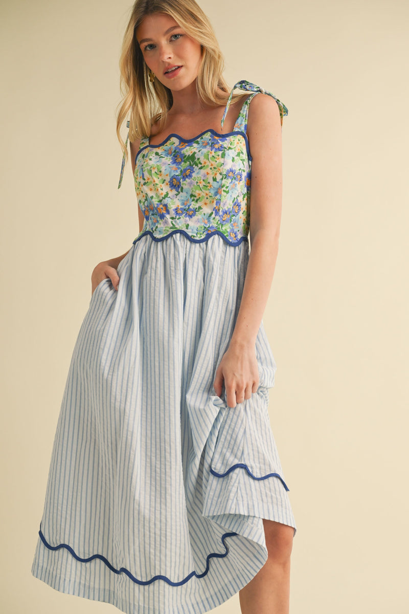 Blue Mixed Print Scalloped Trim Midi Dress