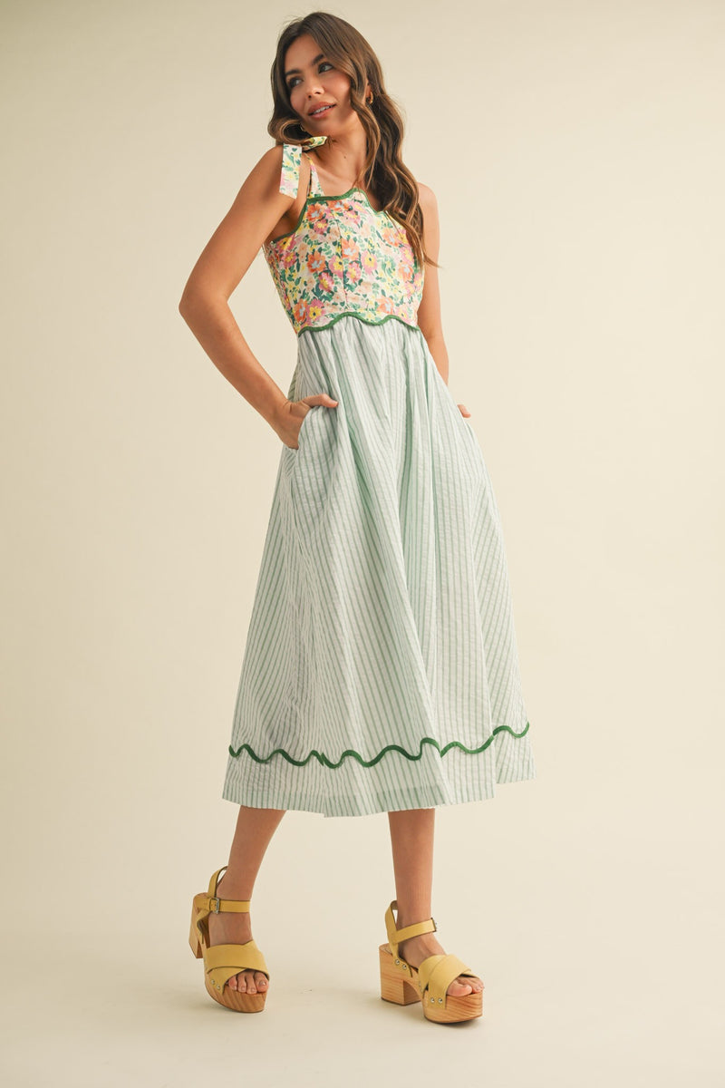 Green Mixed Print Scalloped Trim Midi Dress