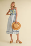 Blue Mixed Print Scalloped Trim Midi Dress